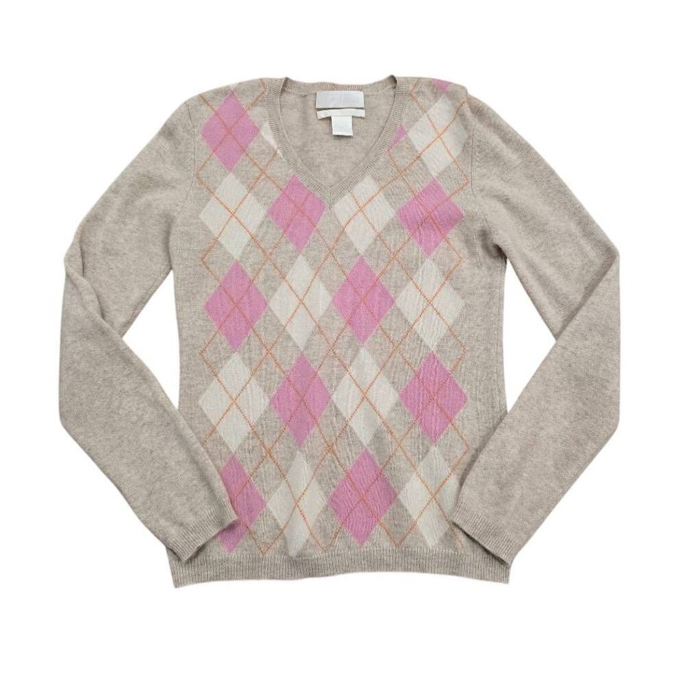 Geneva Sweater Women's Small Tan Knit 100% Cashmere V-Neck Argyle Pullover Gorpc